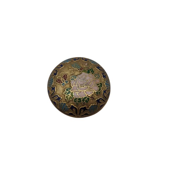 3" Vtg Chinese cloisonne enamel-on-gilt-brass round Trinket Box W Lid Flowers Bu - Picture 10 of 10